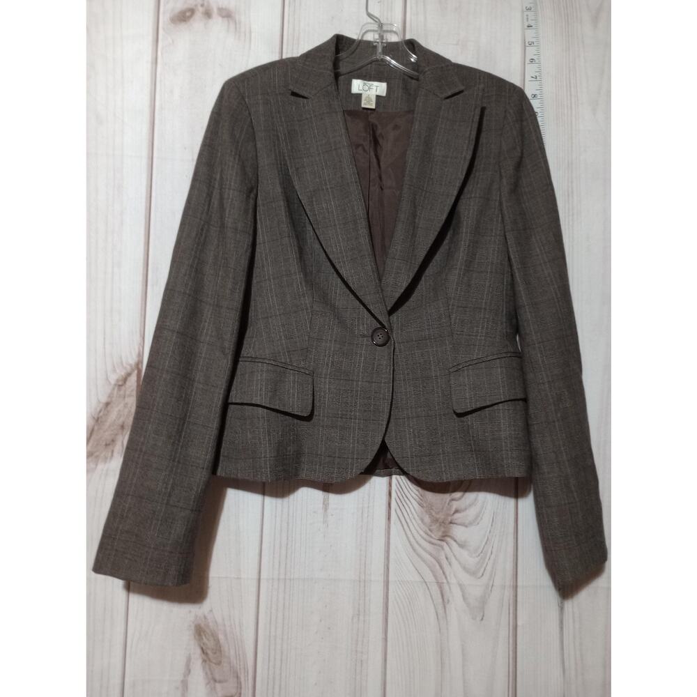 Ann Taylor‎ LOFT Brown Glen Plaid Wool Blend Single Button Blazer Jacket Size 4